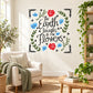 Floral quote die-cut wall decal with roses, leaves, and blue flowers
