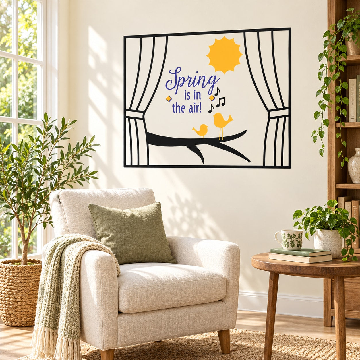 Printed die-cut wall decal: curtains, sun, flowers, and text 'Spring is in the air'