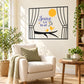 Printed die-cut wall decal: curtains, sun, flowers, and text 'Spring is in the air'