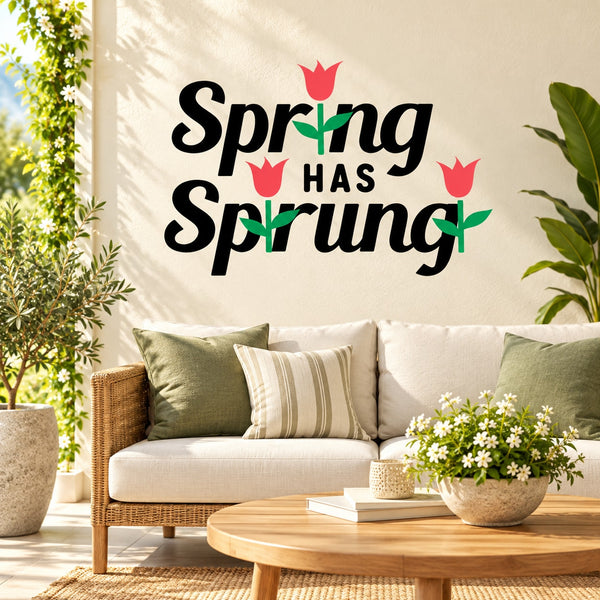 Wall decal: 'Spring Has Sprung' lettering with red tulip icons