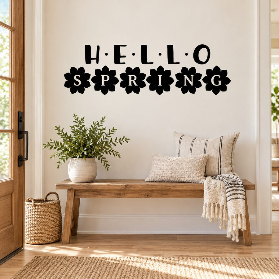 Spring wall decal black HELLO SPRING text with floral accents