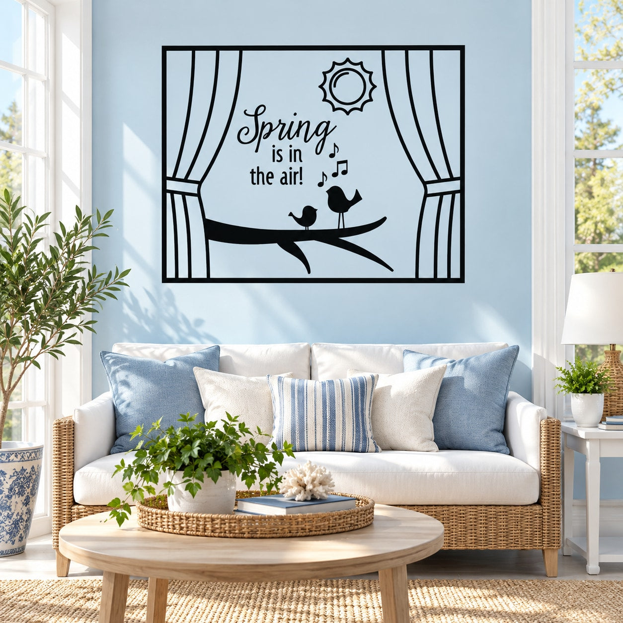 Window-frame wall decal reading “Spring is in the air!” with bird silhouettes