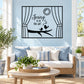 Window-frame wall decal reading “Spring is in the air!” with bird silhouettes