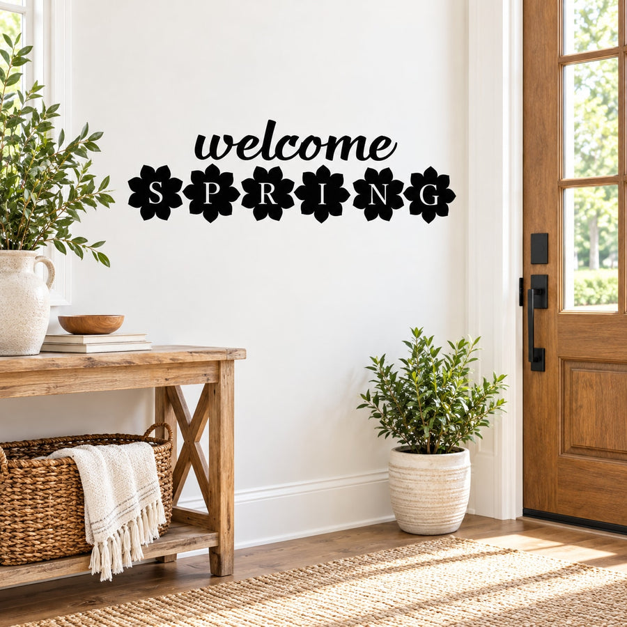 Welcome Spring wall decal: cursive 'welcome' with flower 'SPRING' letters