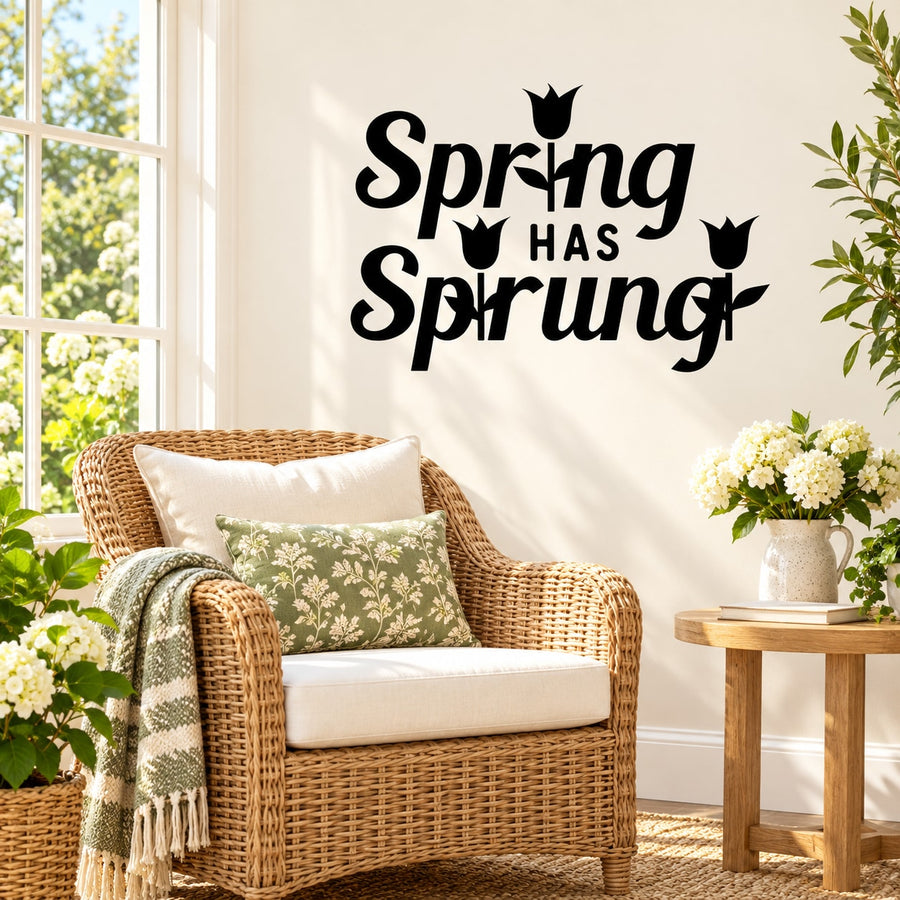 Spring-themed wall decal: 'Spring has Spring' text with bunny icons.