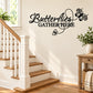 Butterflies Gather Here wall decal with black script text and butterfly graphic