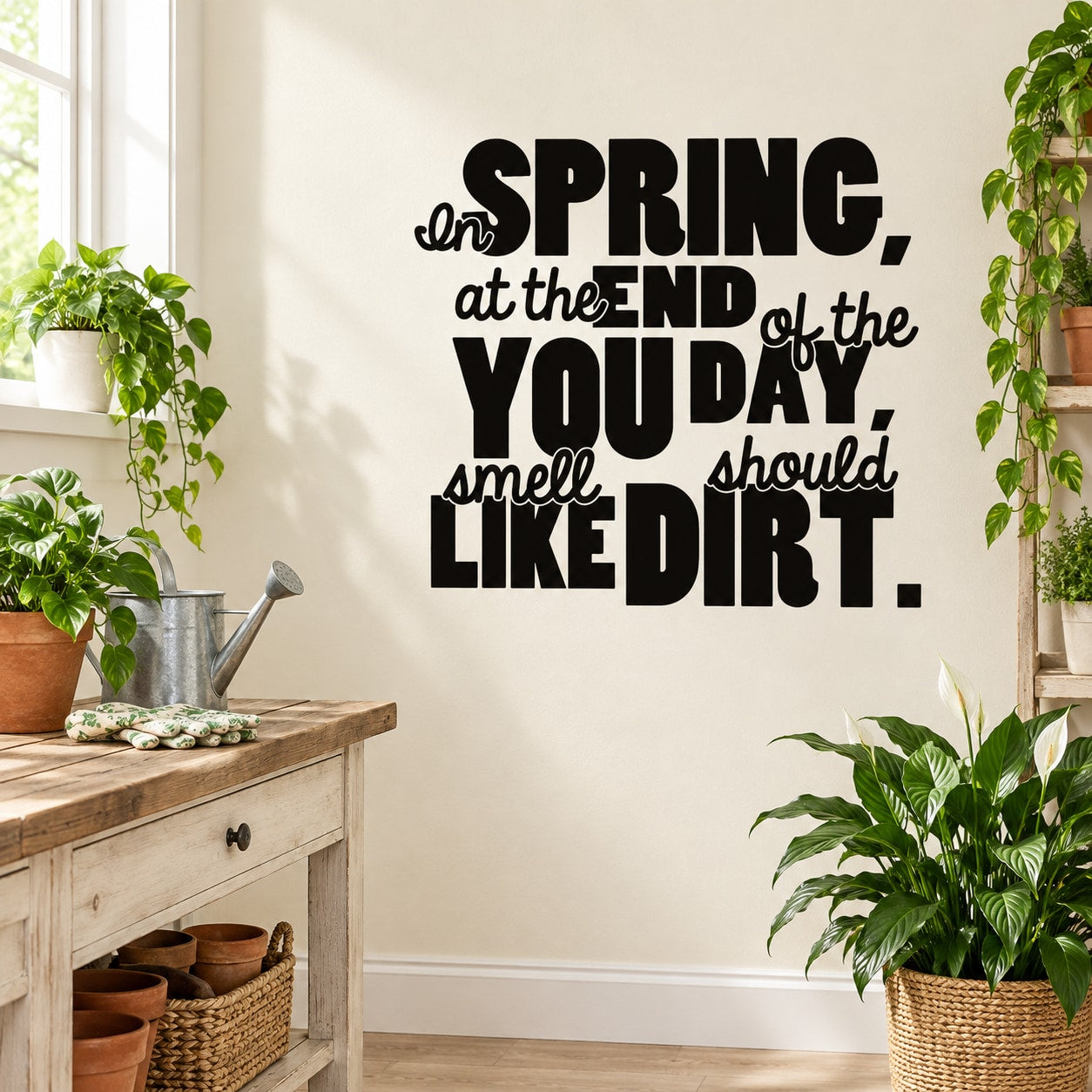 Black wall decal with quote text: “SPRING…smell LIKE DIRT”.