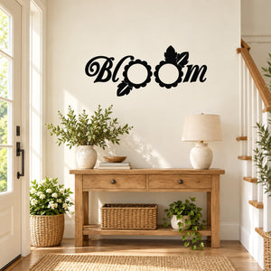 Bloom flower wall decal with black typography and two daisy-like blossoms