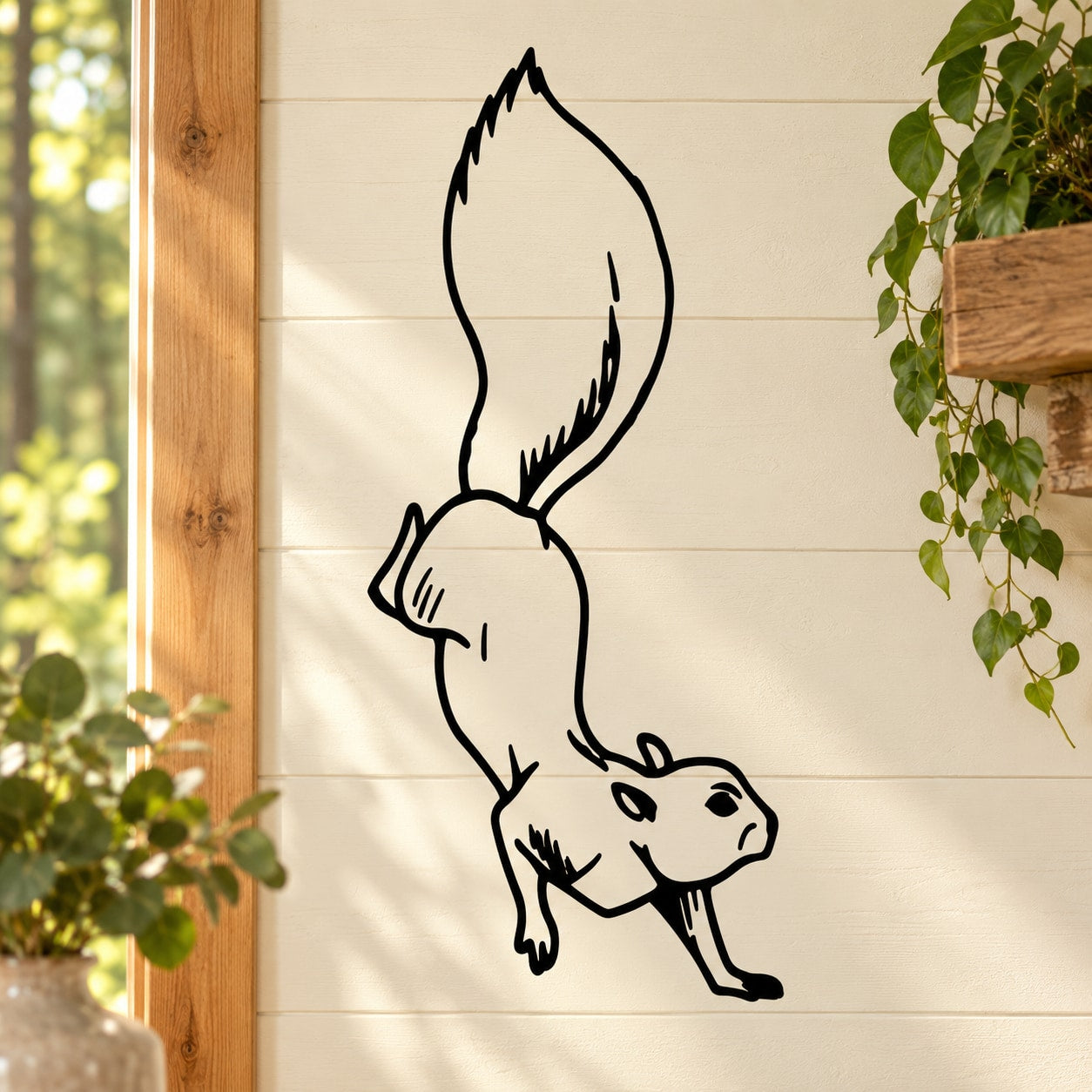 Landing squirrel wall decal, black outline on light surface