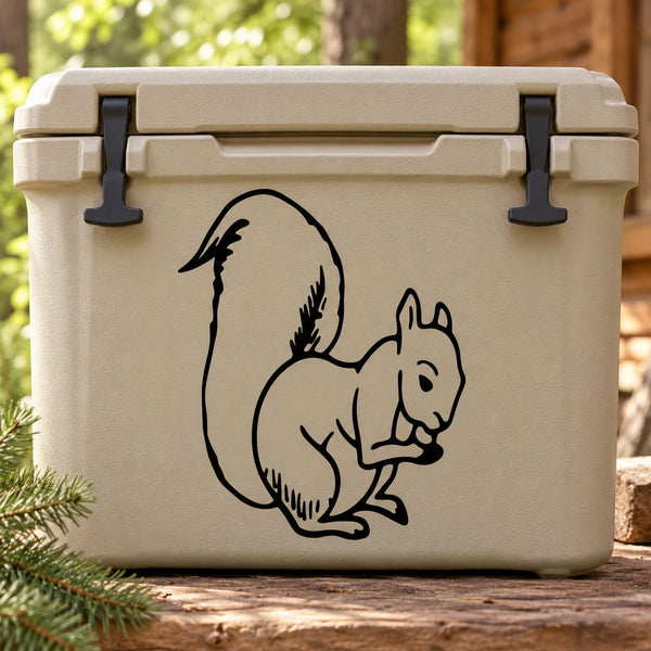 Squirrel eating decal with black line-art squirrel on light surface
