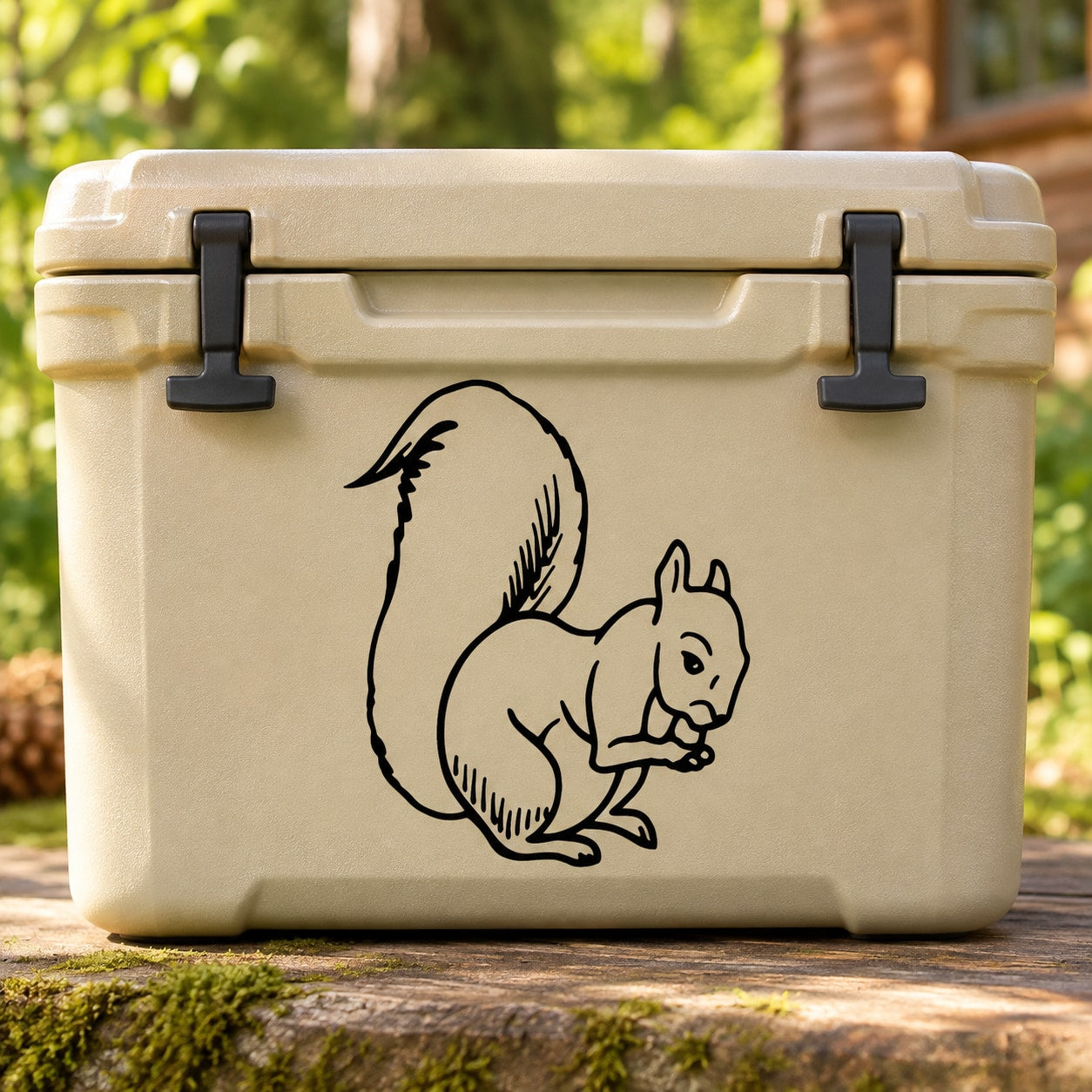 Black squirrel nibbling decal with curled tail and small paws on cooler lid