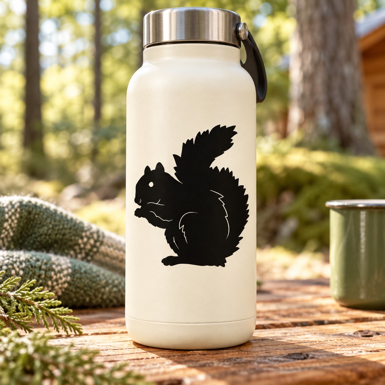 White water bottle with black squirrel munching decal