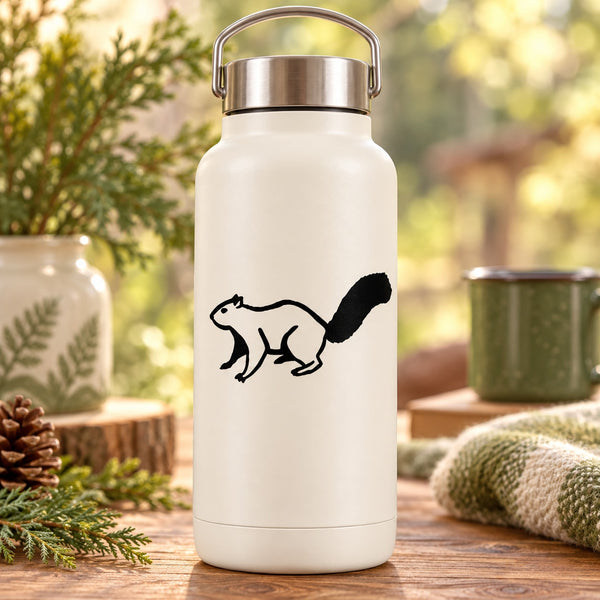 Squirrel watching decal with black silhouette on a white surface