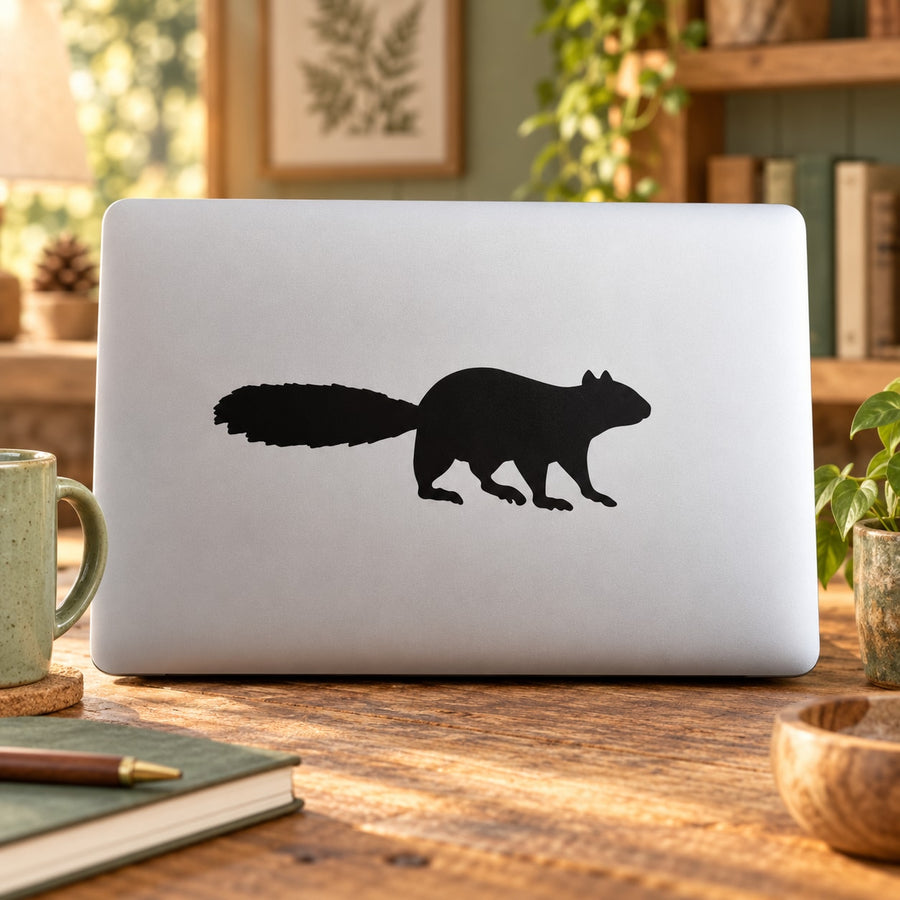 Black squirrel silhouette decal on white surface