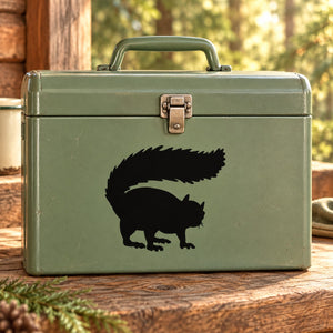 Black squirrel silhouette decal on green suitcase case