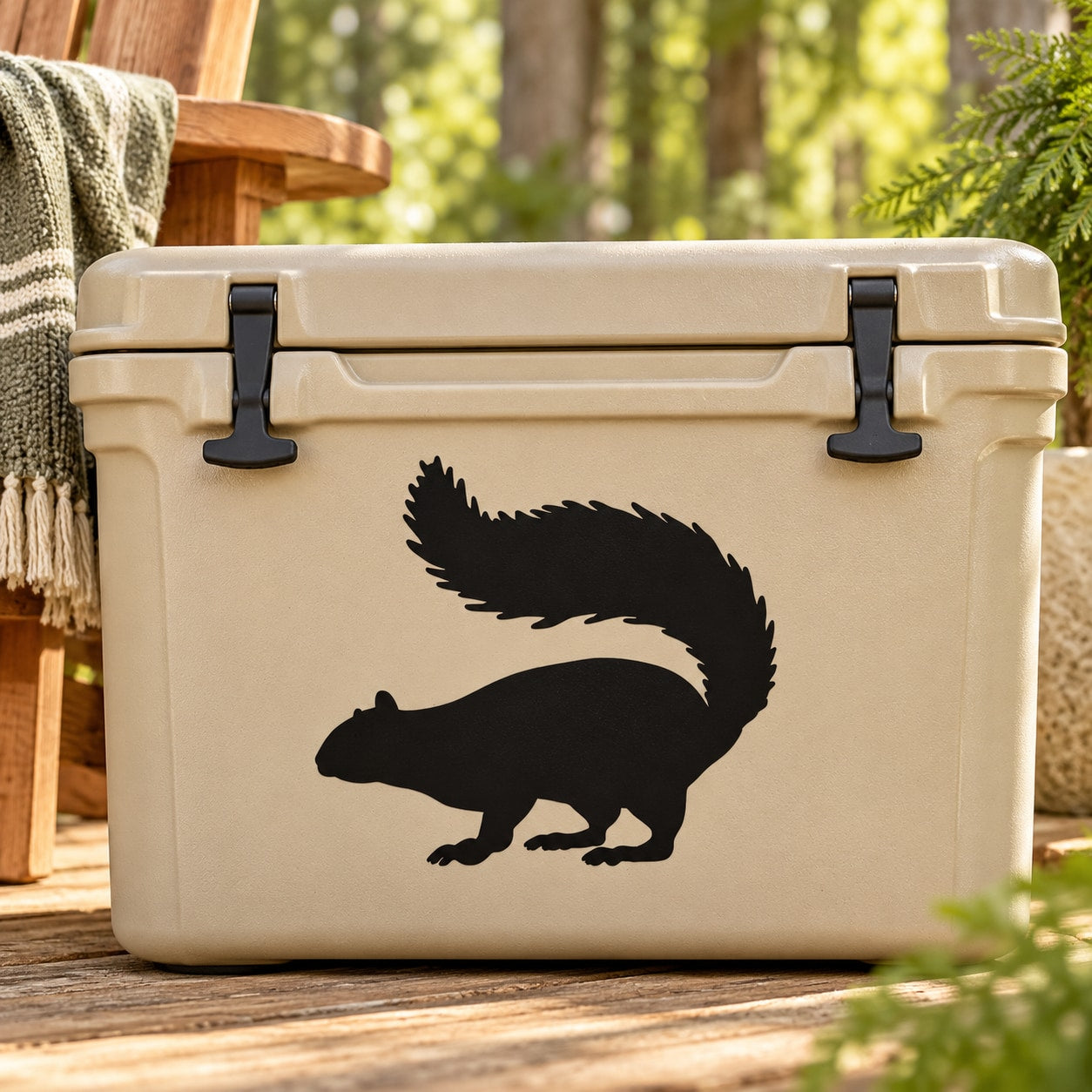 Alert squirrel silhouette decal on light tan cooler lid