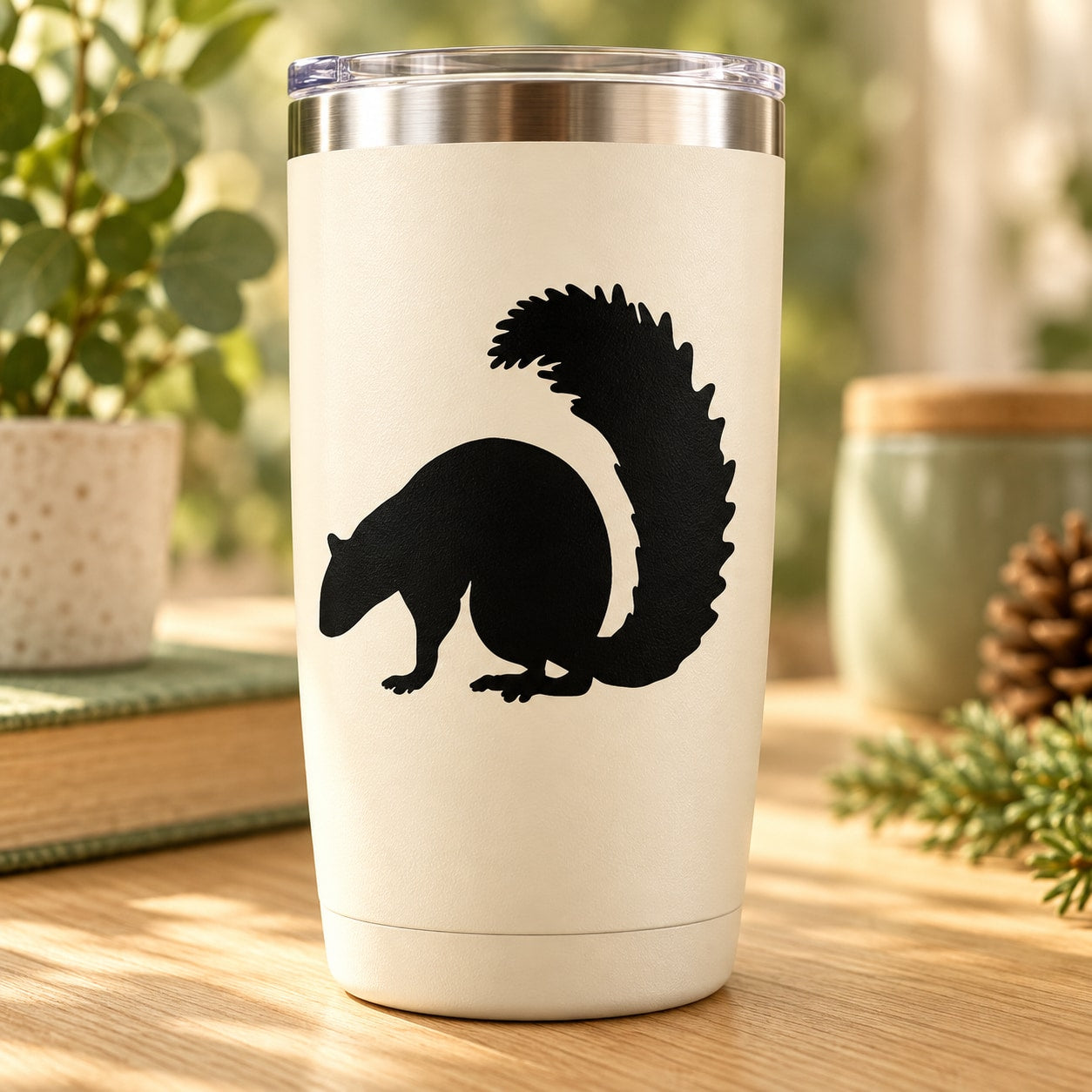 Sniffing squirrel decal in black on a light tumbler
