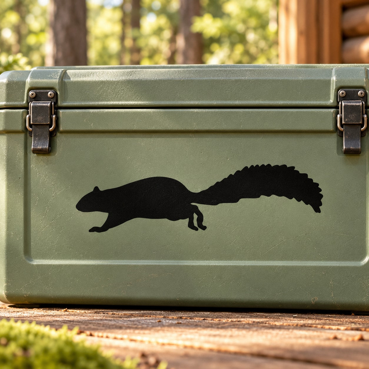 Black running squirrel silhouette decal on green rectangular surface