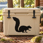 Squirrel decal with black squirrel silhouette on beige cooler