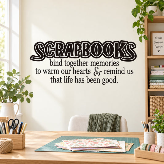 Scrapbooks wall decal with large SCRIPT 'SCRAPBOOKS' and quote text below