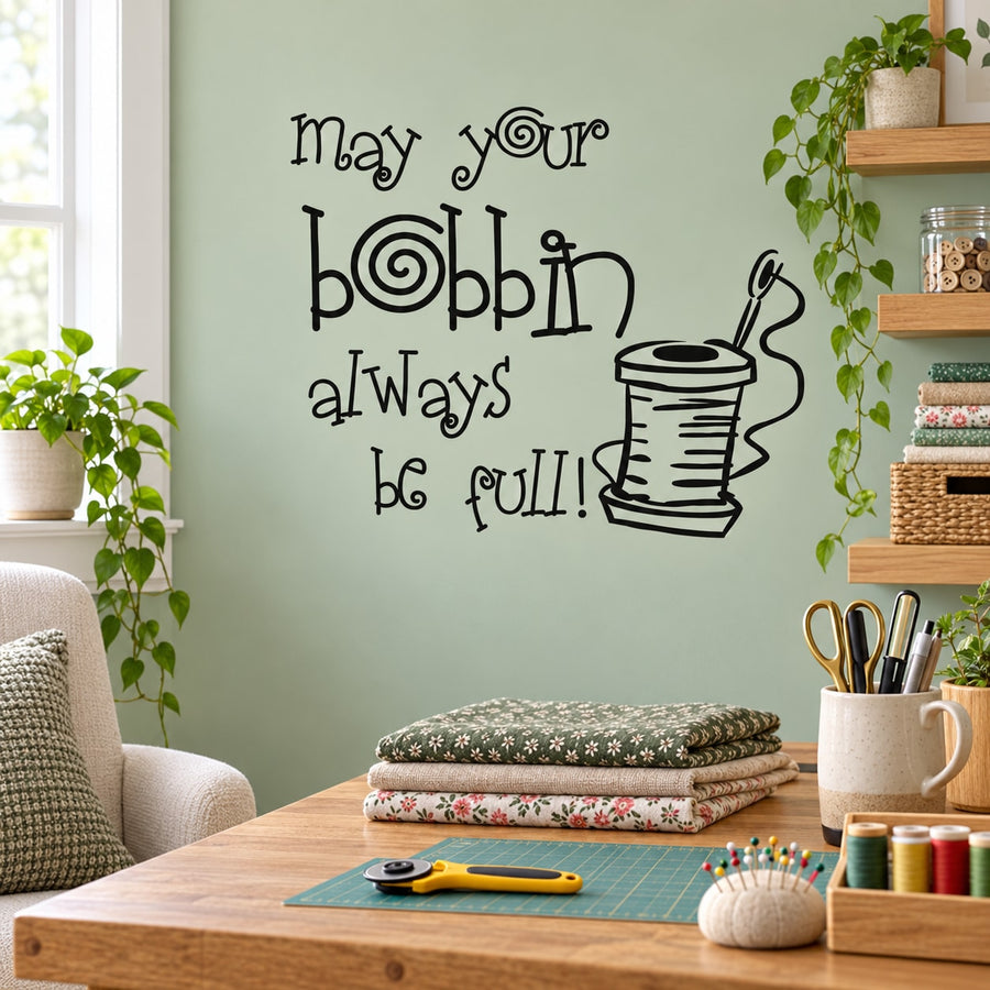 Sewing wall decal: "May your Bobbin always be full" with bobbin illustration