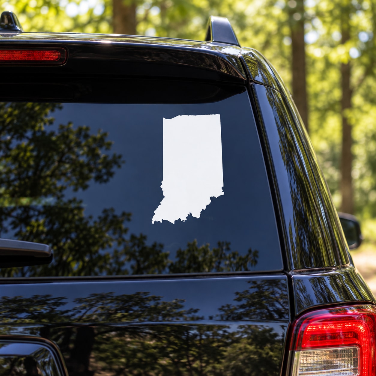 Indiana state silhouette decal, white shape on car window