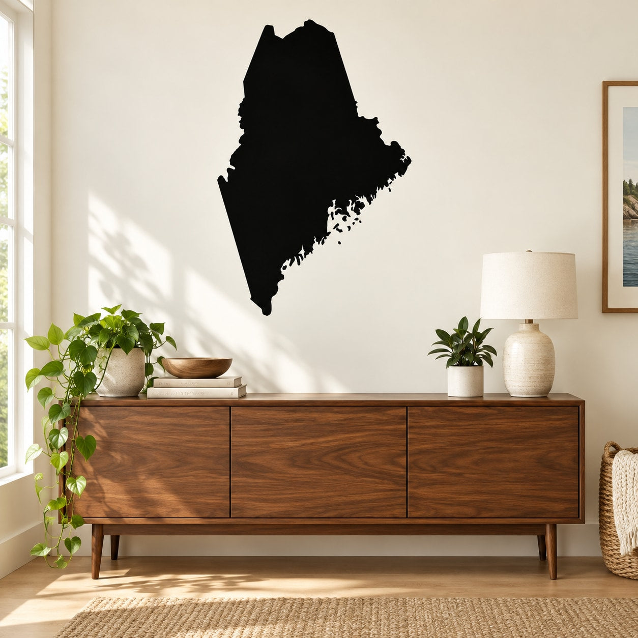 Maine state decal with dark silhouette of Maine shape