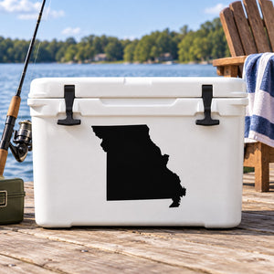 Black Missouri state silhouette decal on a white cooler