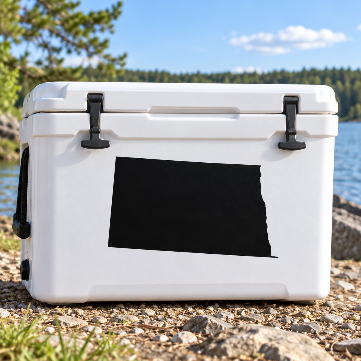 North Dakota state decal in black on white cooler