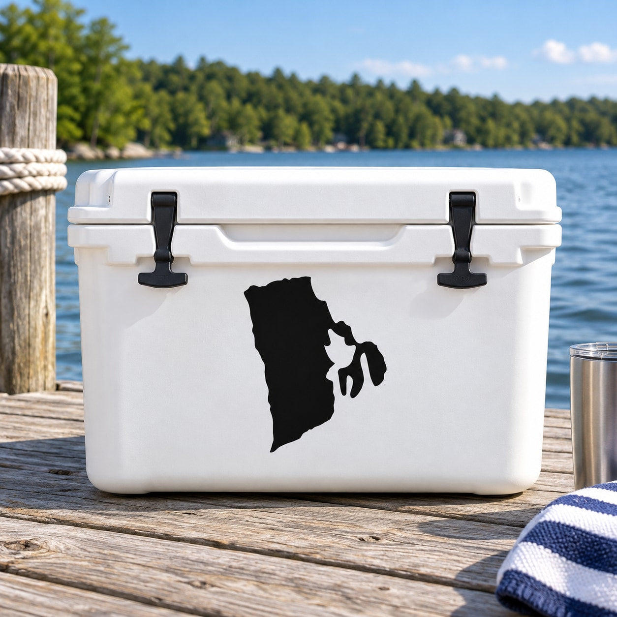 Black Rhode Island state silhouette decal on a white cooler