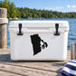 Black Rhode Island state silhouette decal on a white cooler