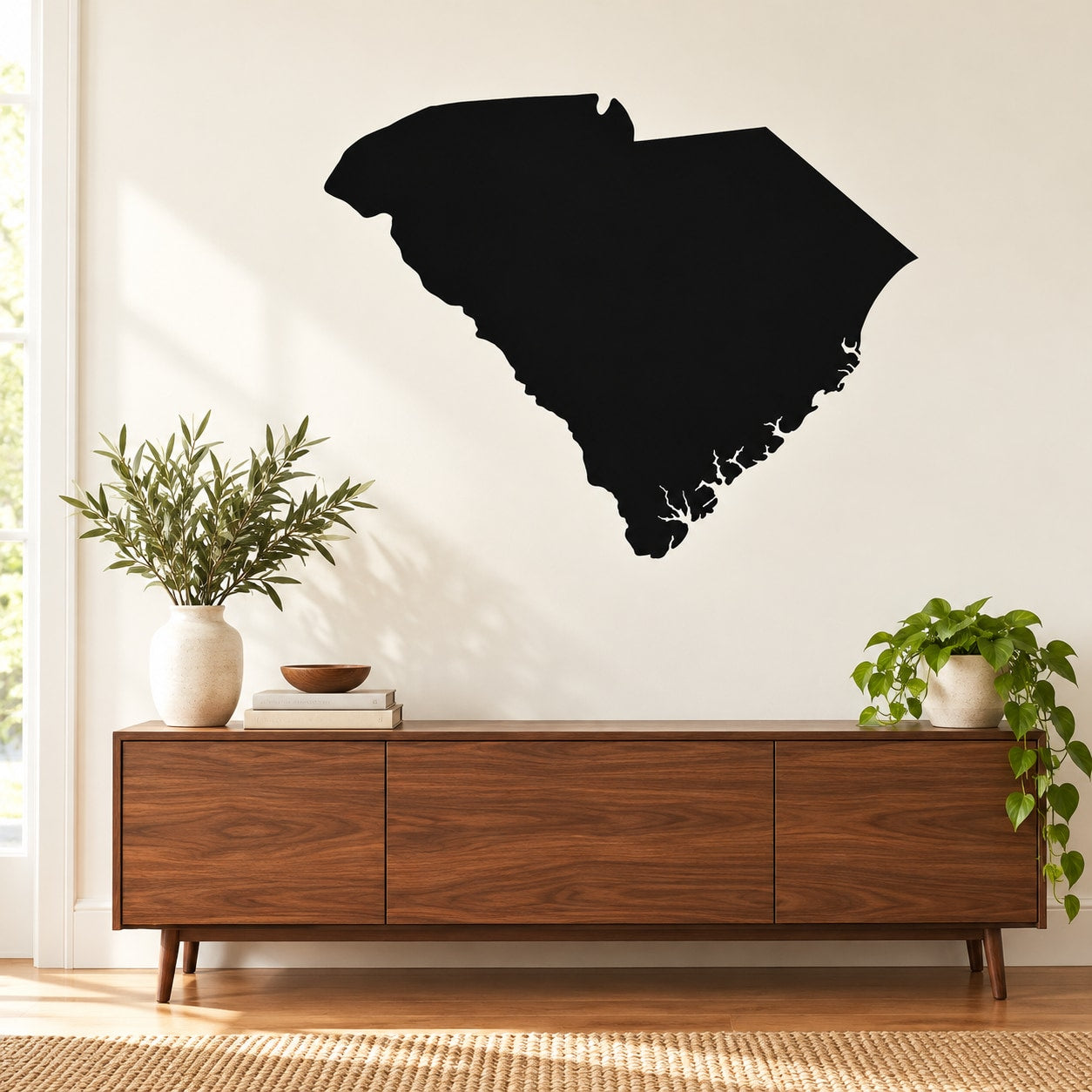 South Carolina state decal with black silhouette of the state shape