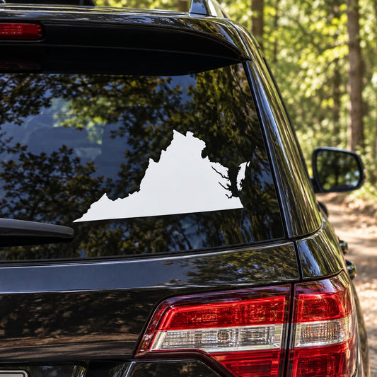 White Virginia state outline decal on car rear window