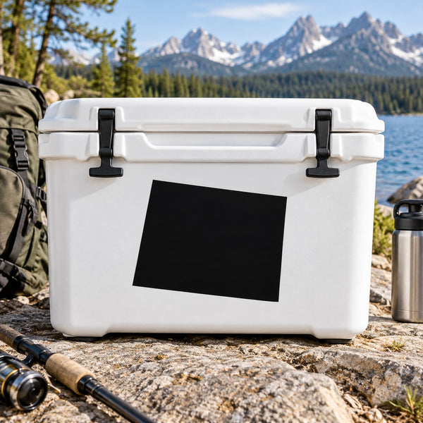 Black square vinyl decal on a white cooler lid