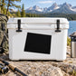 Black square vinyl decal on a white cooler lid