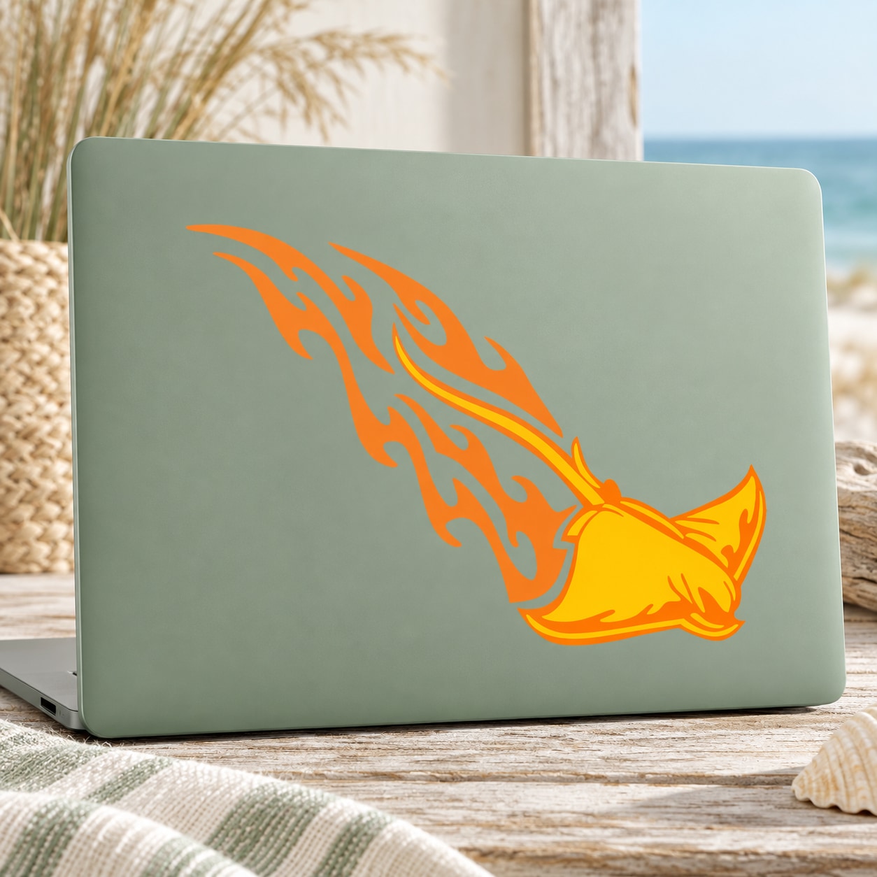 Flaming stingray sticker with orange graphic on light green laptop lid