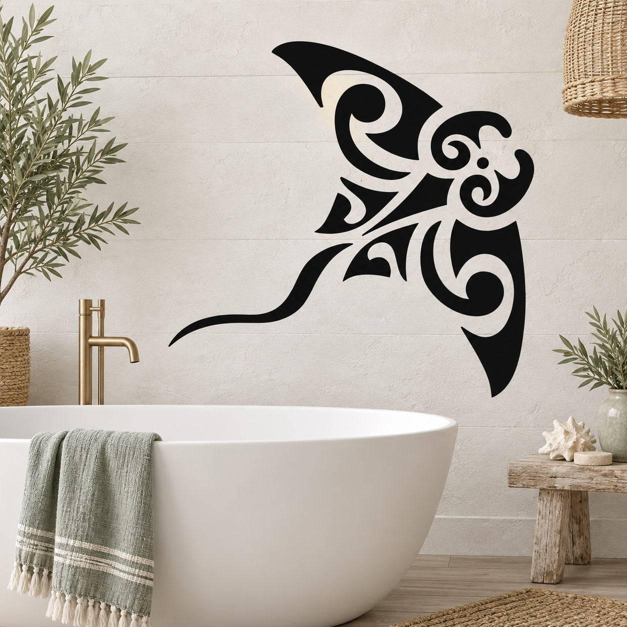 Black native-style stingray wall decal with ornate tribal design