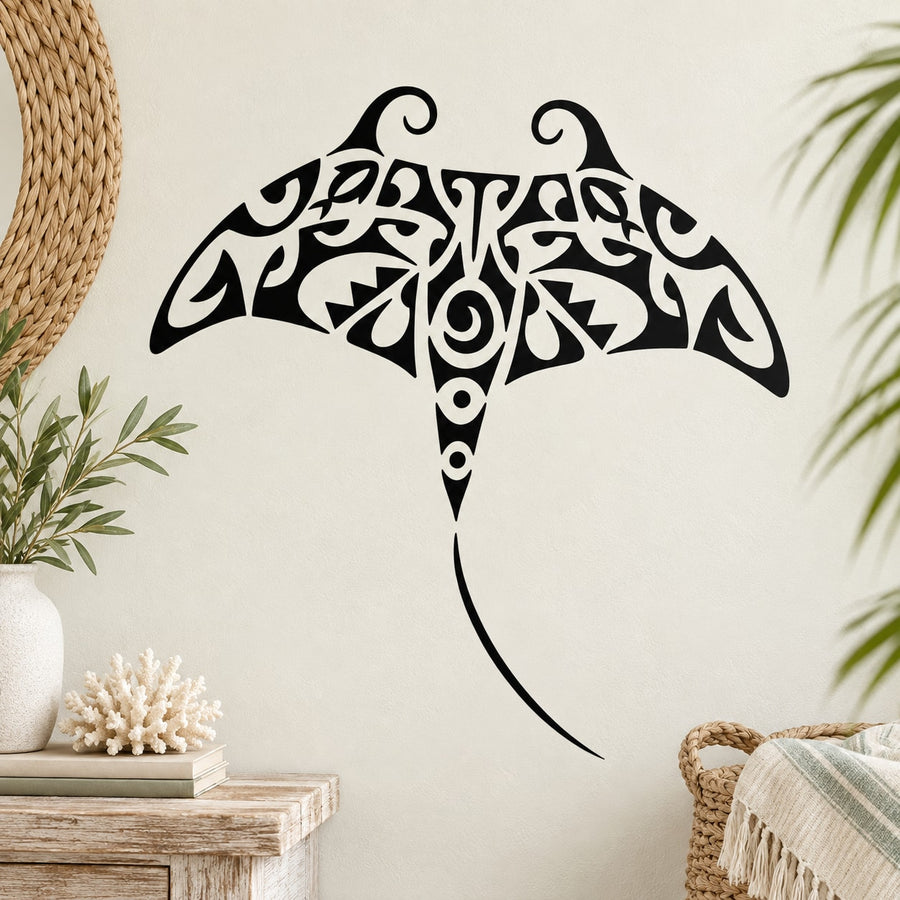 Black tribal stingray wall decal with decorative fin and curved tail