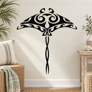 Tribal stingray wall decal in black, symmetrical ornamental design