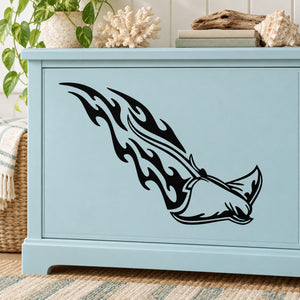 Black flaming stingray decal on light blue cabinet front
