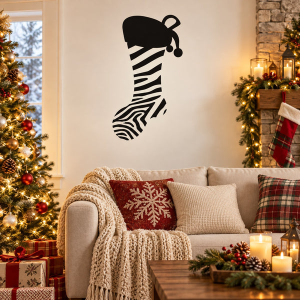 Zebra stripe stocking wall decal with bow and striped leg pattern