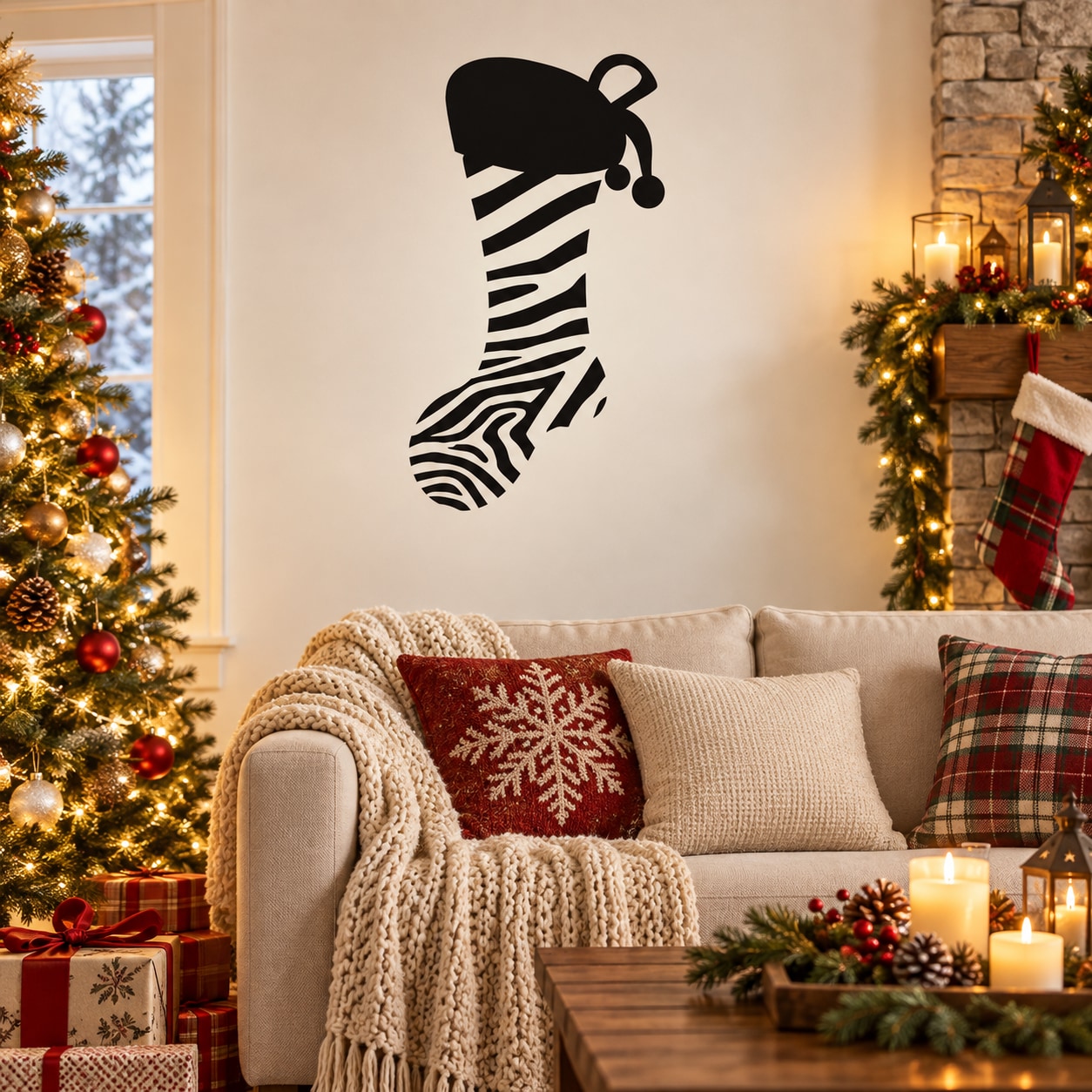 Zebra stripe stocking wall decal with bow and striped leg pattern