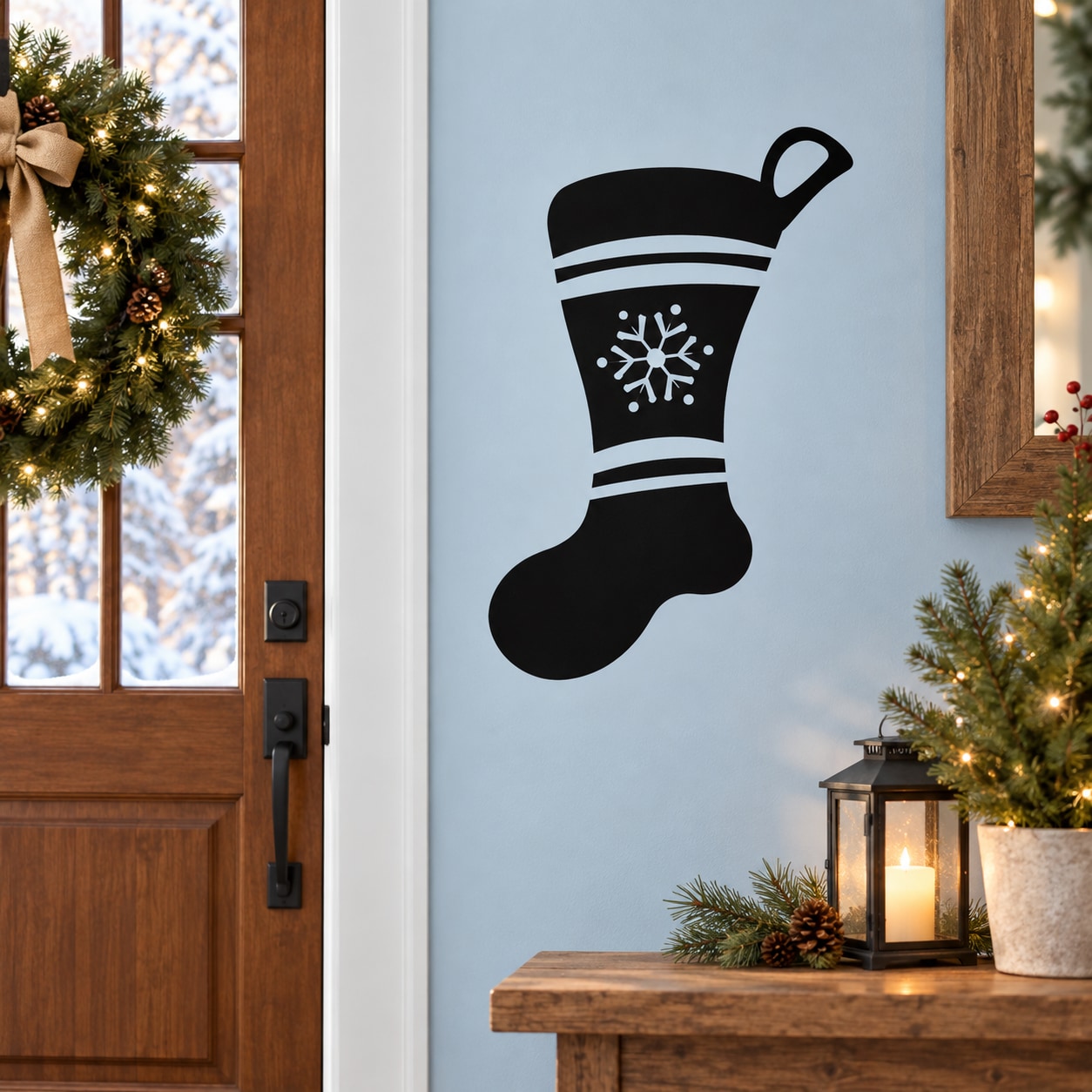 Black Christmas stocking decal with white stripe and snowflake on light blue door
