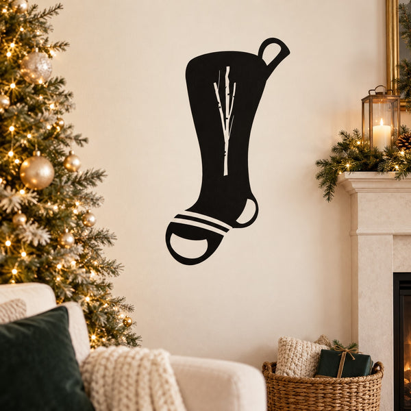 Black stocking wall decal with white ribbon and two twig-like stems