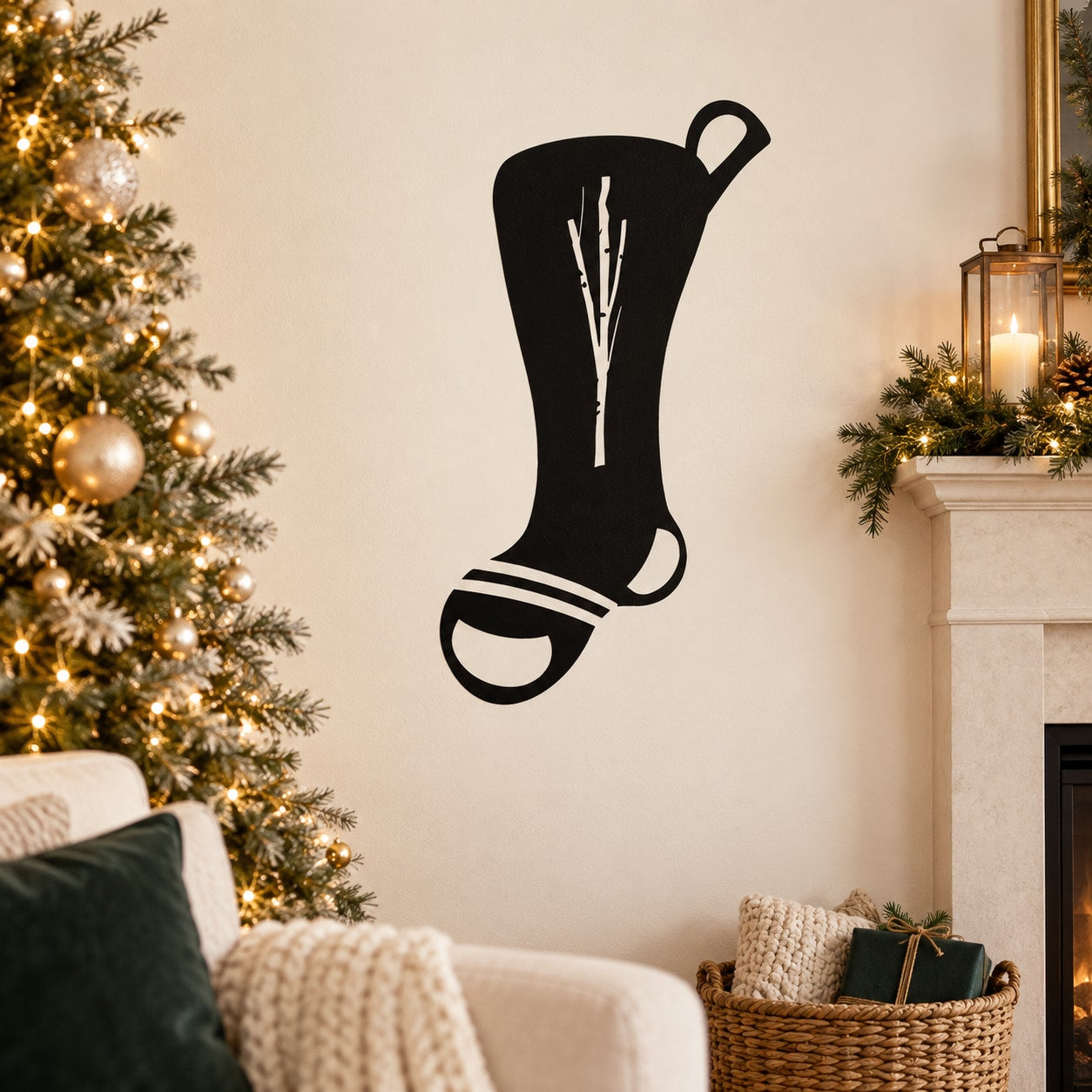Black stocking wall decal with white ribbon and two twig-like stems