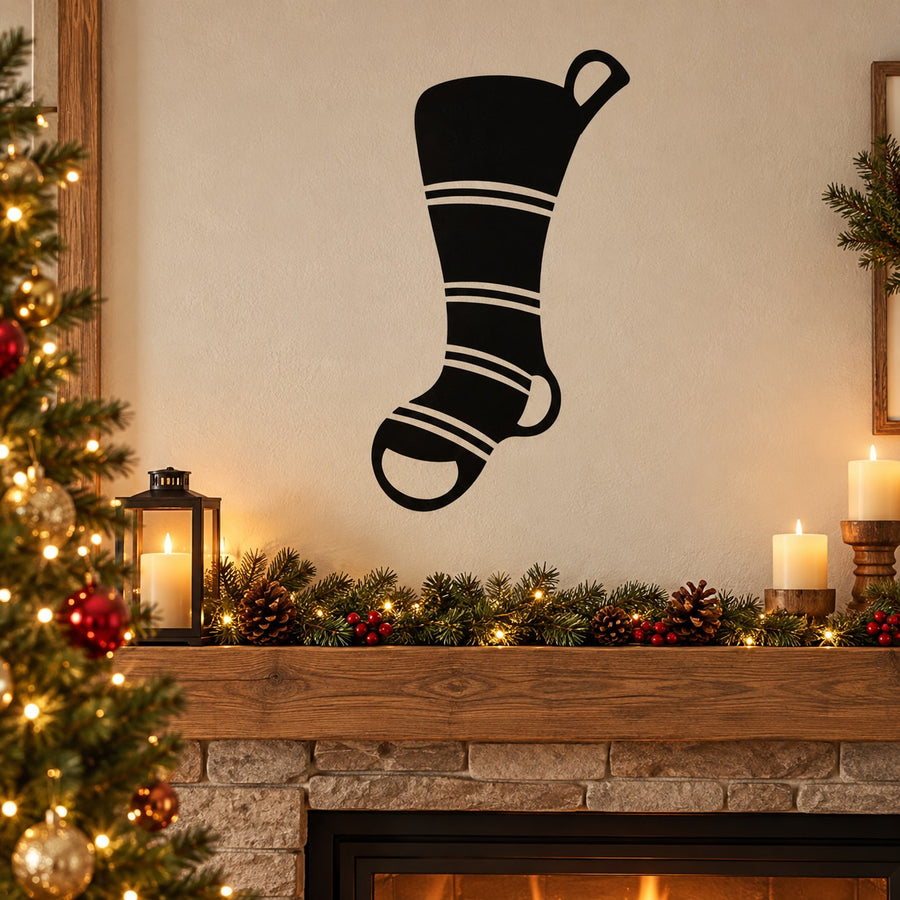 Black stocking wall decal with wide white stripe cuffs and hanging loop