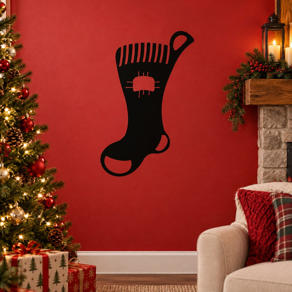 Patched Christmas stocking decal with red and black striped top