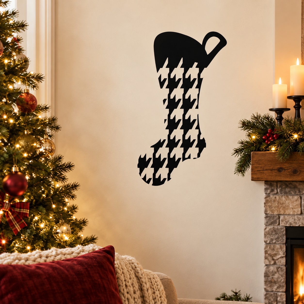 Houndstooth stocking-shaped wall sticker, black and white pattern