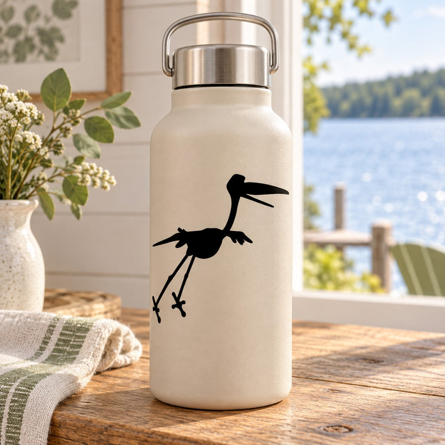 Black flying stork silhouette decal on a light bottle