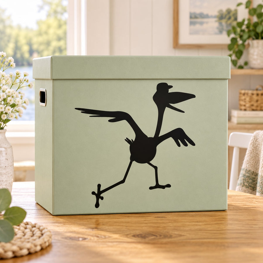 Green storage chest with black flapping stork hat decal